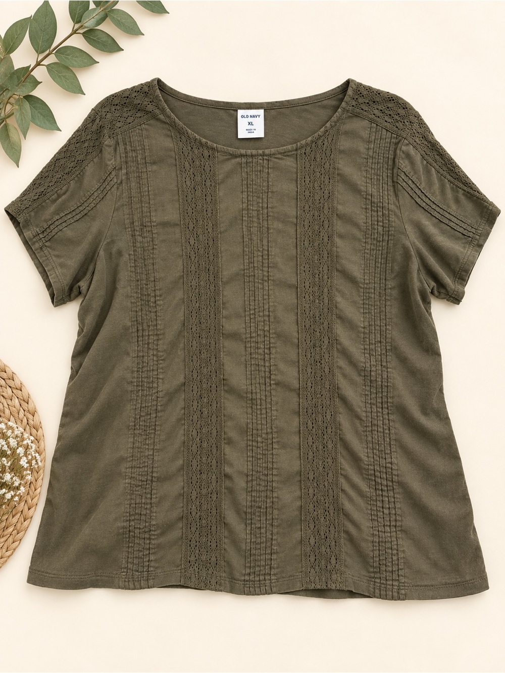 Old Navy Olive Green Crochet Pintuck Boho Top XL